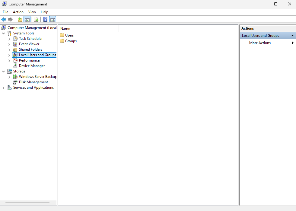 Computer Management console showing Local Users and Groups selected with Users and Groups folders displayed
